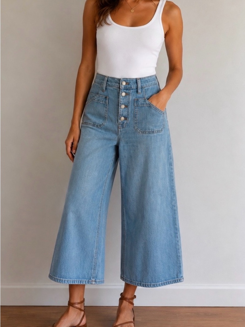 J.Crew Point Sur High Rise Wide Leg Crop Jeans  Patch Pocket Blue Sz 33 Raw Hem